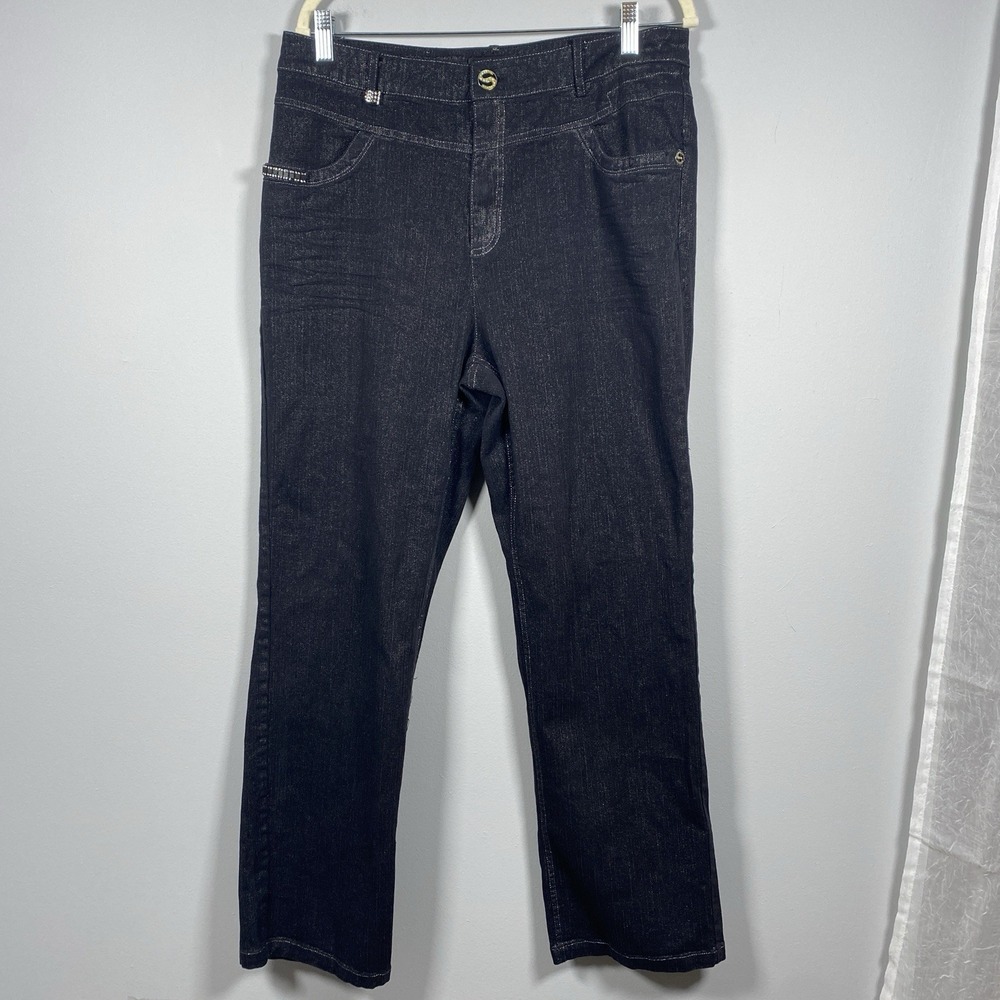 Scalina Straight Leg‎ Jeans Women US 16 46 Dark Wash Metallic Shimmer Rhinestone